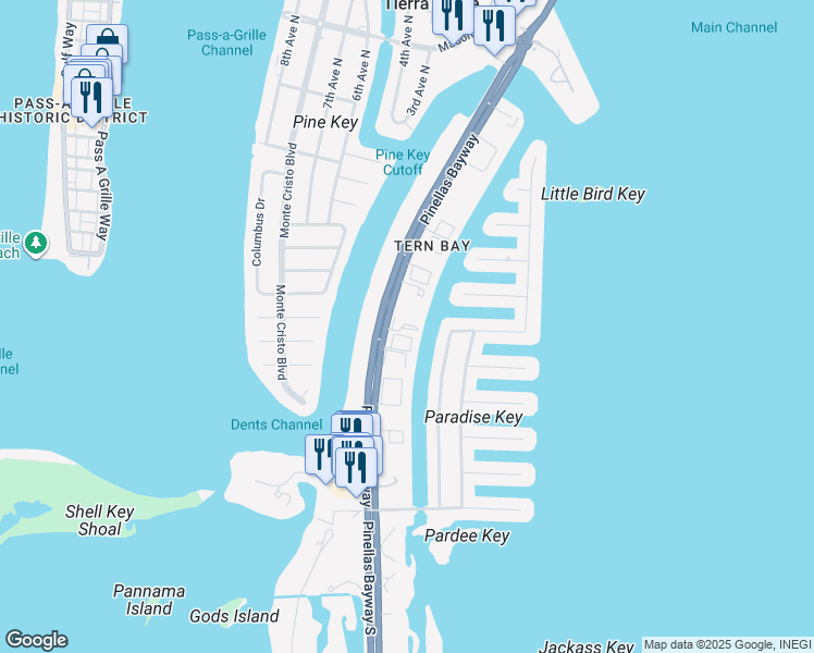 map of restaurants, bars, coffee shops, grocery stores, and more near 737 Pinellas Bayway South in Tierra Verde