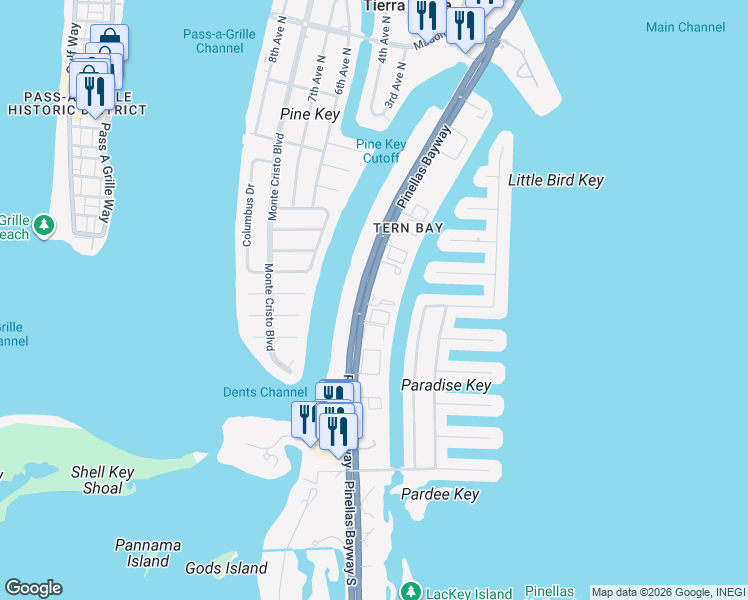 map of restaurants, bars, coffee shops, grocery stores, and more near 745 Pinellas Bayway South in Tierra Verde