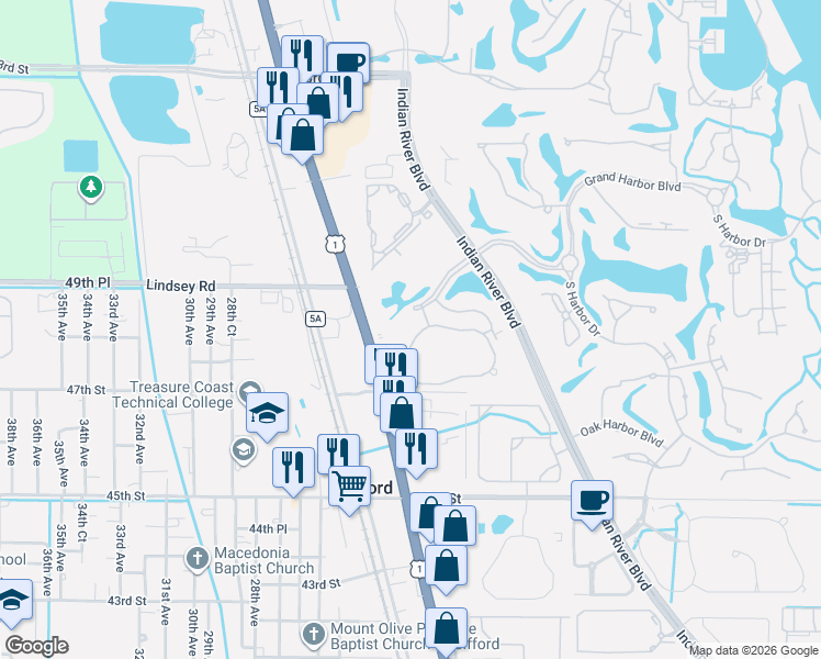 map of restaurants, bars, coffee shops, grocery stores, and more near 2225 Falls Circle in Vero Beach