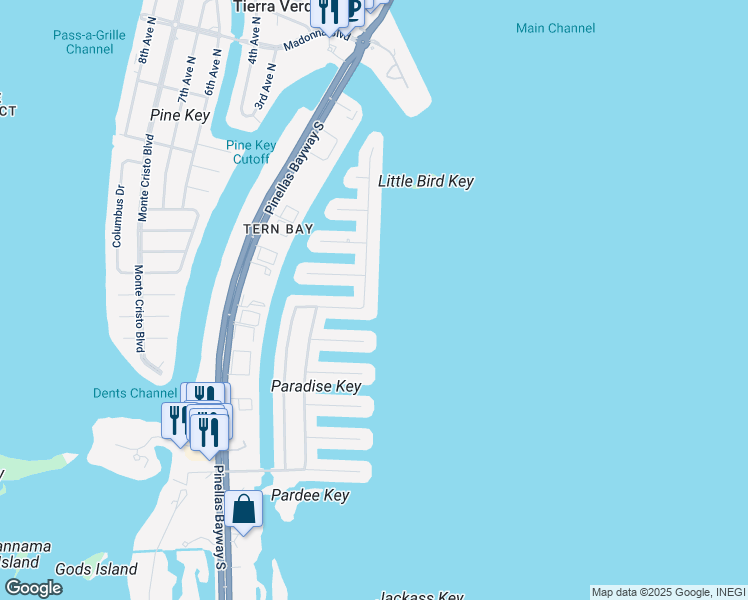 map of restaurants, bars, coffee shops, grocery stores, and more near 709 1st Avenue South in Tierra Verde