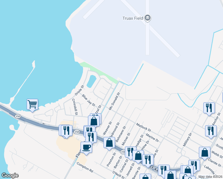 map of restaurants, bars, coffee shops, grocery stores, and more near 725 Flour Bluff Drive in Corpus Christi