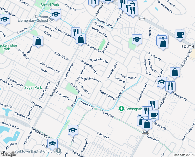 map of restaurants, bars, coffee shops, grocery stores, and more near 4954 High Meadow Drive in Corpus Christi