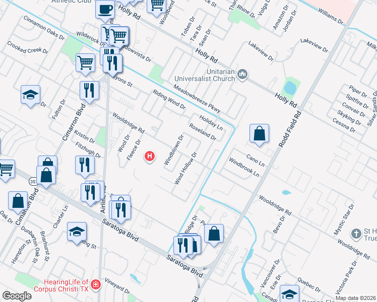 map of restaurants, bars, coffee shops, grocery stores, and more near 2425 Songbird Lane in Corpus Christi