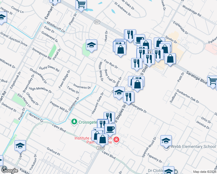 map of restaurants, bars, coffee shops, grocery stores, and more near 6821 White Wing Drive in Corpus Christi