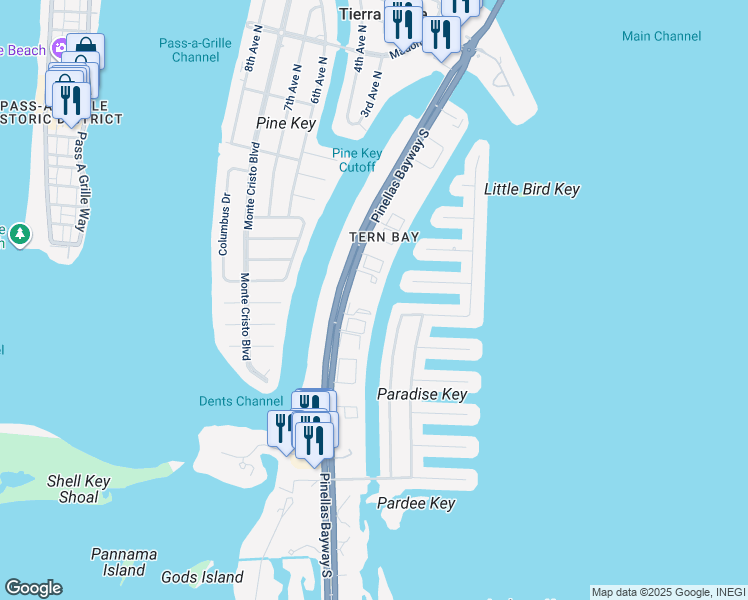 map of restaurants, bars, coffee shops, grocery stores, and more near 737 Pinellas Bayway South in St. Petersburg