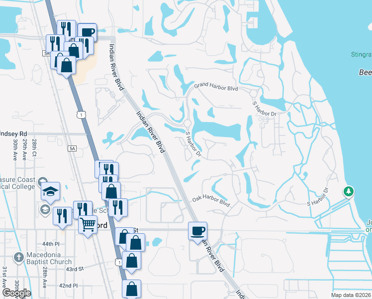 map of restaurants, bars, coffee shops, grocery stores, and more near 4842 South Newport Island Drive in Vero Beach