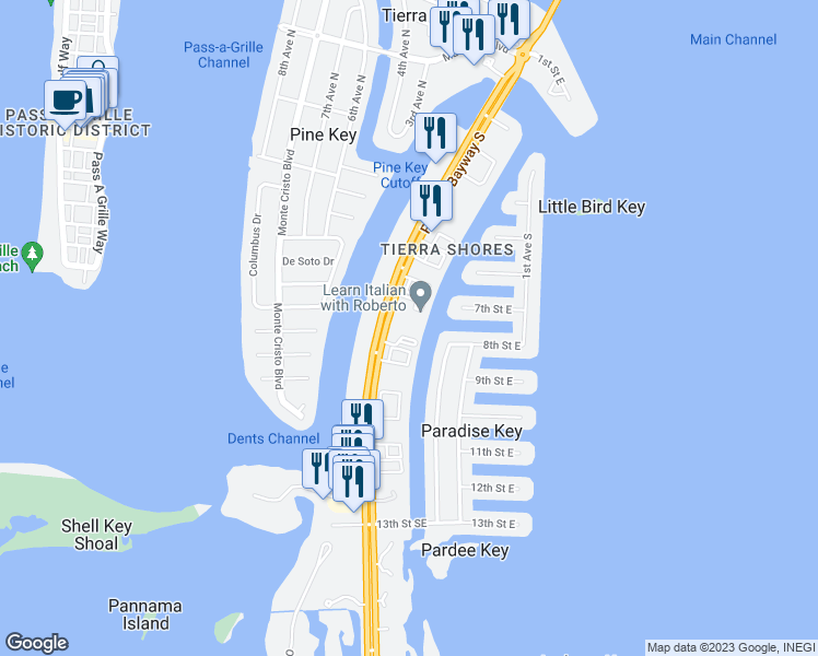 map of restaurants, bars, coffee shops, grocery stores, and more near 737 Pinellas Bayway South in St. Petersburg