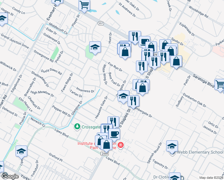 map of restaurants, bars, coffee shops, grocery stores, and more near 6821 White Wing Drive in Corpus Christi