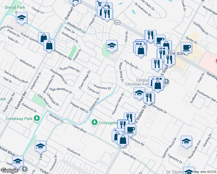 map of restaurants, bars, coffee shops, grocery stores, and more near 5322 Inverness Drive in Corpus Christi