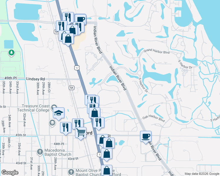 map of restaurants, bars, coffee shops, grocery stores, and more near 2235 Falls Circle in Vero Beach