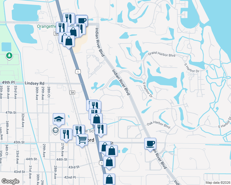 map of restaurants, bars, coffee shops, grocery stores, and more near 2114 Falls Circle in Vero Beach