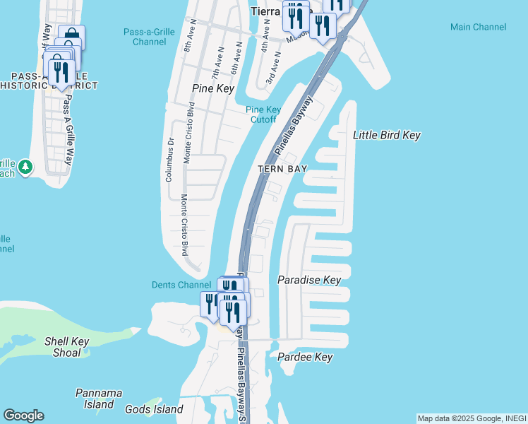 map of restaurants, bars, coffee shops, grocery stores, and more near 737 Pinellas Bayway South in Tierra Verde