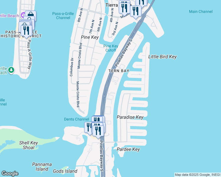 map of restaurants, bars, coffee shops, grocery stores, and more near 737 Pinellas Bayway South in Tierra Verde
