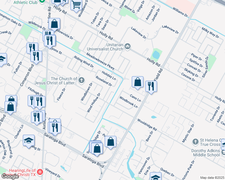 map of restaurants, bars, coffee shops, grocery stores, and more near 2410 Windsong Drive in Corpus Christi