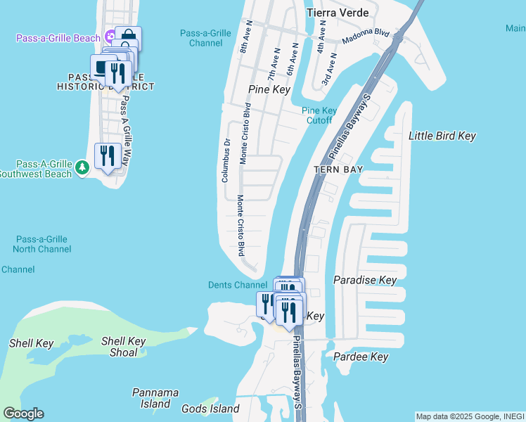 map of restaurants, bars, coffee shops, grocery stores, and more near 621 Santa Maria Drive in Tierra Verde