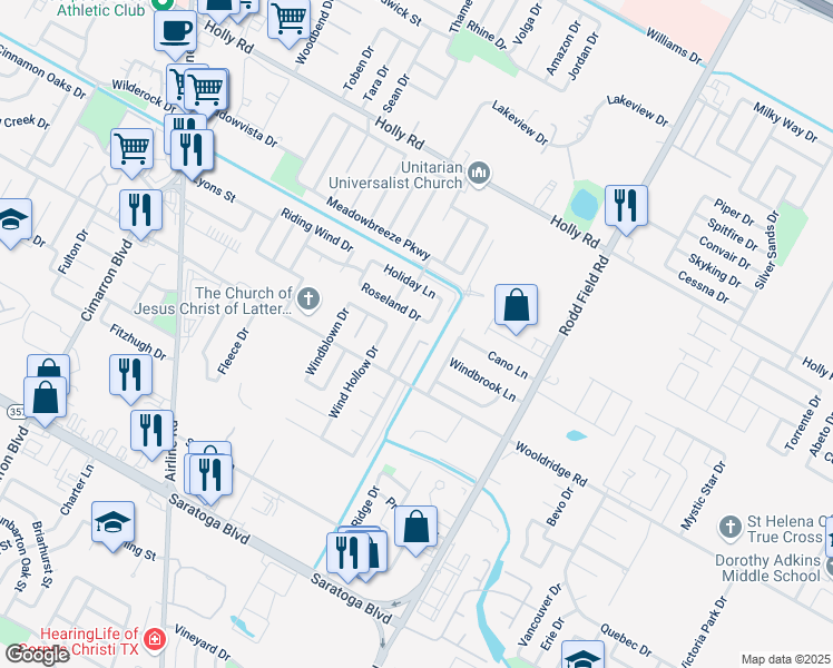 map of restaurants, bars, coffee shops, grocery stores, and more near 2410 Windsong Drive in Corpus Christi