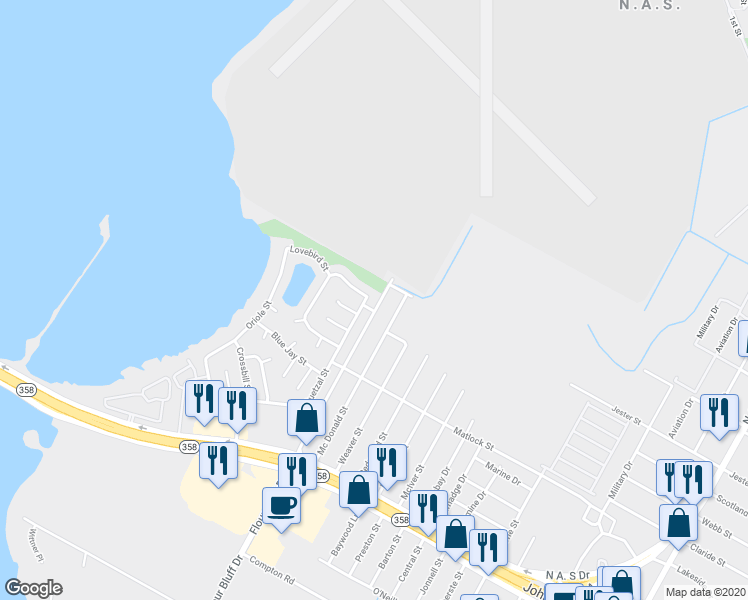 map of restaurants, bars, coffee shops, grocery stores, and more near 725 Flour Bluff Drive in Corpus Christi