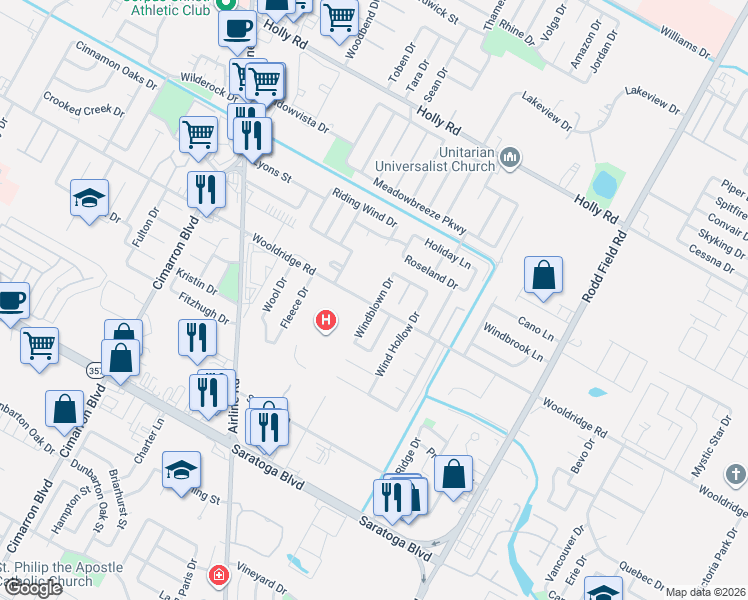 map of restaurants, bars, coffee shops, grocery stores, and more near 2425 Songbird Lane in Corpus Christi