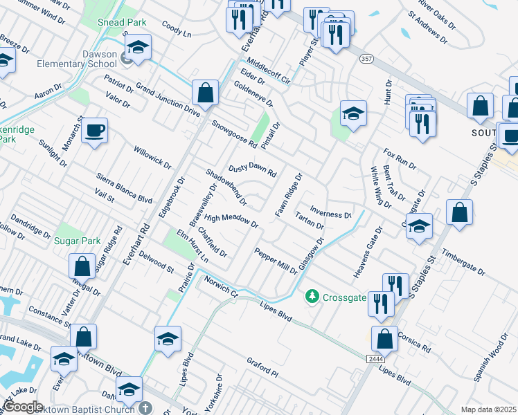 map of restaurants, bars, coffee shops, grocery stores, and more near 4954 High Meadow Drive in Corpus Christi