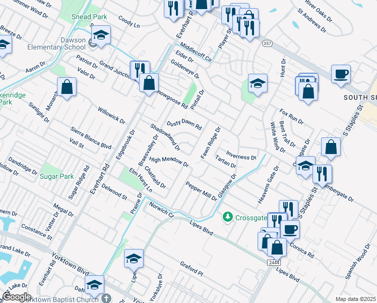 map of restaurants, bars, coffee shops, grocery stores, and more near 4954 High Meadow Drive in Corpus Christi