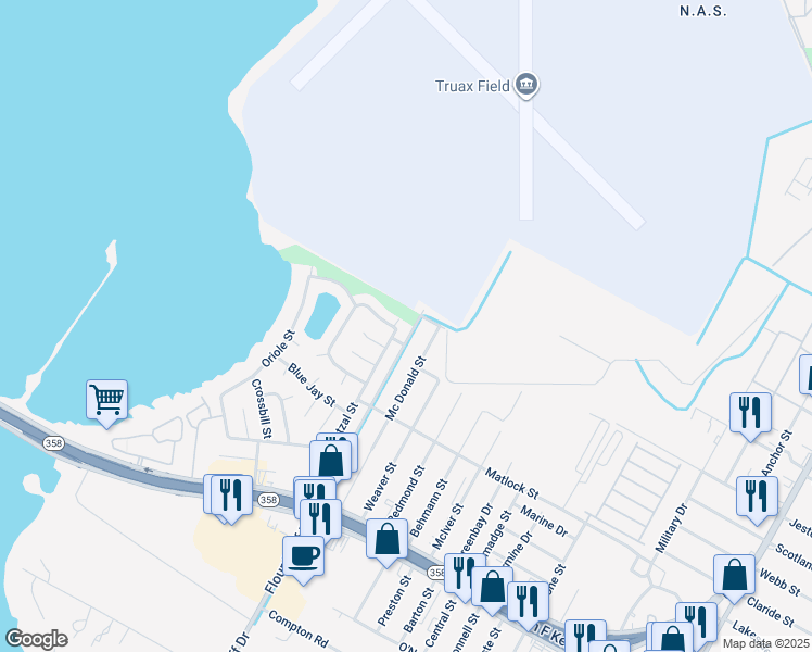 map of restaurants, bars, coffee shops, grocery stores, and more near 725 Flour Bluff Drive in Corpus Christi