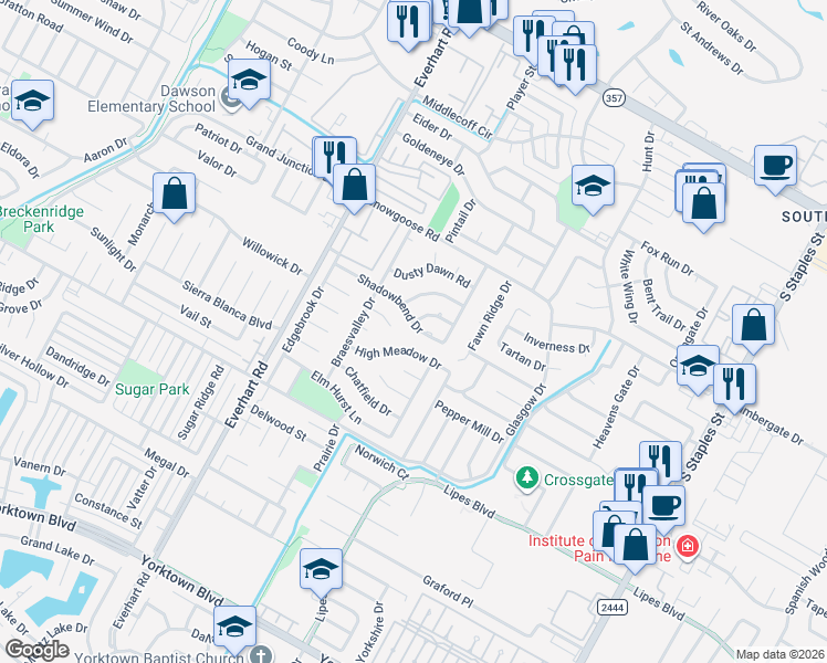 map of restaurants, bars, coffee shops, grocery stores, and more near 4954 High Meadow Drive in Corpus Christi