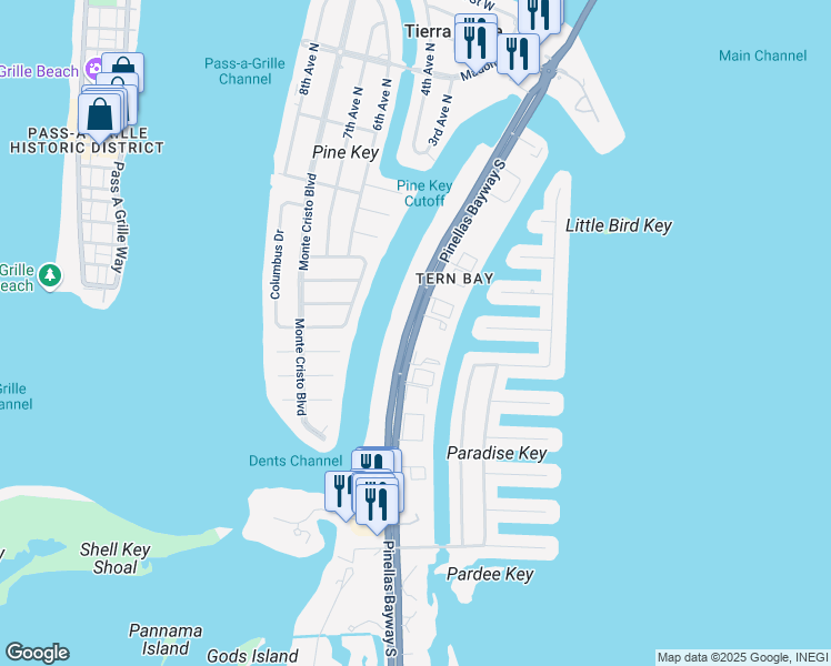 map of restaurants, bars, coffee shops, grocery stores, and more near 737 Pinellas Bayway South in Tierra Verde