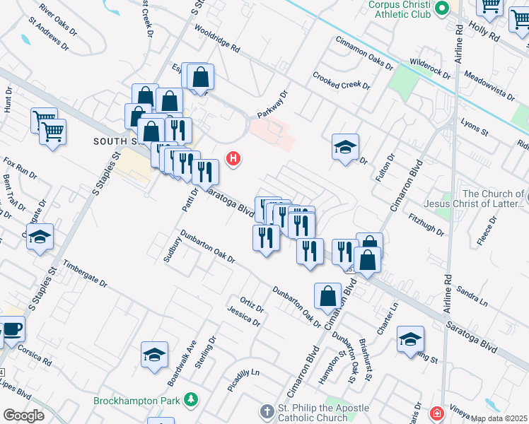 map of restaurants, bars, coffee shops, grocery stores, and more near 5913 Woodmere Drive in Corpus Christi