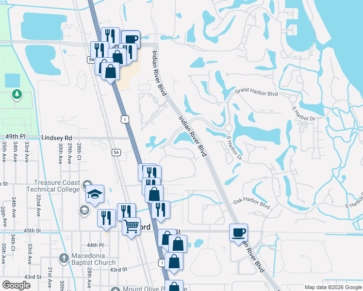 map of restaurants, bars, coffee shops, grocery stores, and more near 2235 Falls Circle in Vero Beach