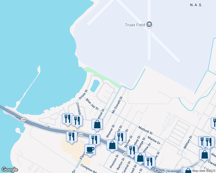 map of restaurants, bars, coffee shops, grocery stores, and more near 9558 Lovebird Street in Corpus Christi
