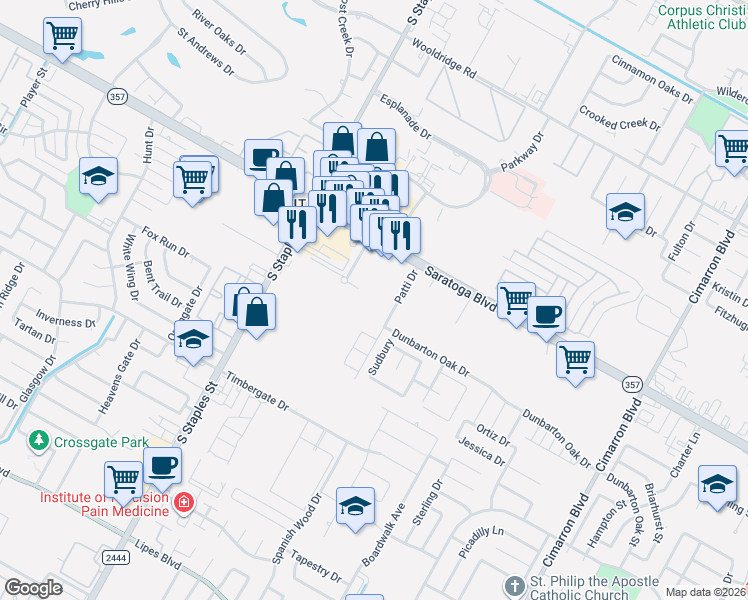 map of restaurants, bars, coffee shops, grocery stores, and more near 5701 Saratoga Boulevard in Corpus Christi