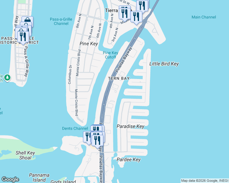 map of restaurants, bars, coffee shops, grocery stores, and more near 637 Pinellas Bayway South in Tierra Verde
