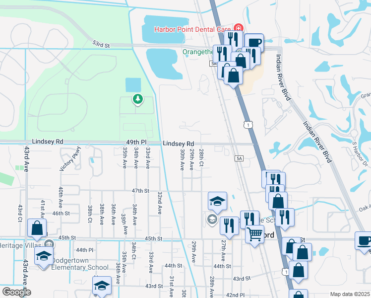 map of restaurants, bars, coffee shops, grocery stores, and more near 3002 49th Street in Vero Beach
