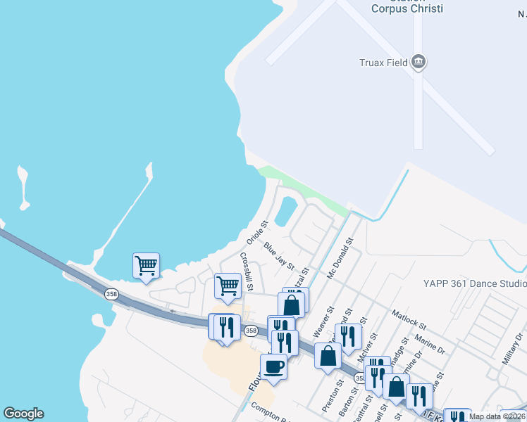 map of restaurants, bars, coffee shops, grocery stores, and more near 734 Oriole Street in Corpus Christi