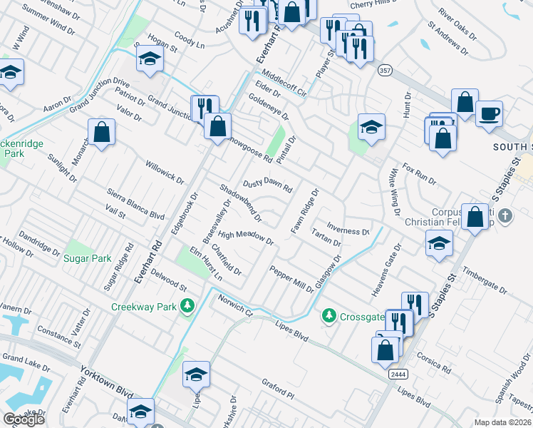 map of restaurants, bars, coffee shops, grocery stores, and more near 4913 Valley Stream Drive in Corpus Christi