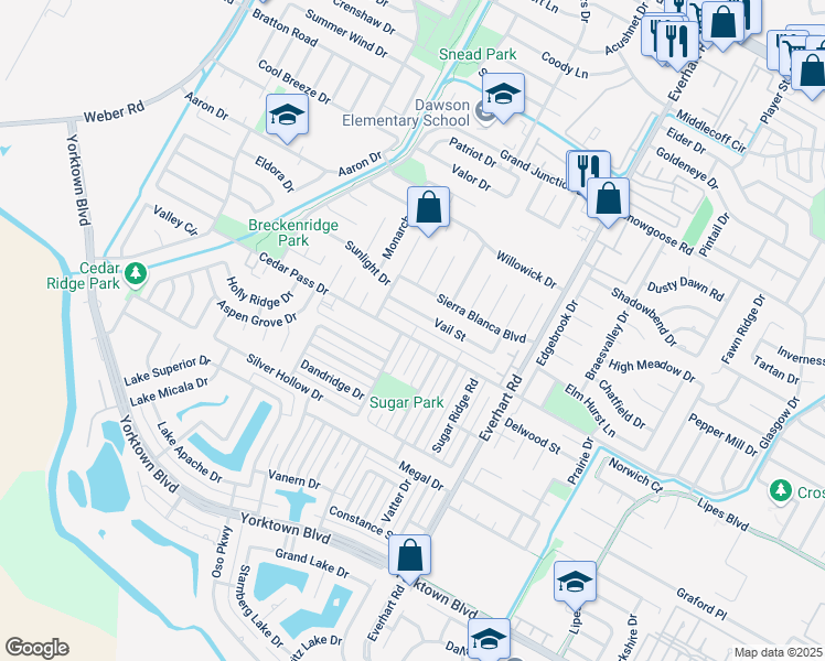map of restaurants, bars, coffee shops, grocery stores, and more near 4625 Vail Street in Corpus Christi