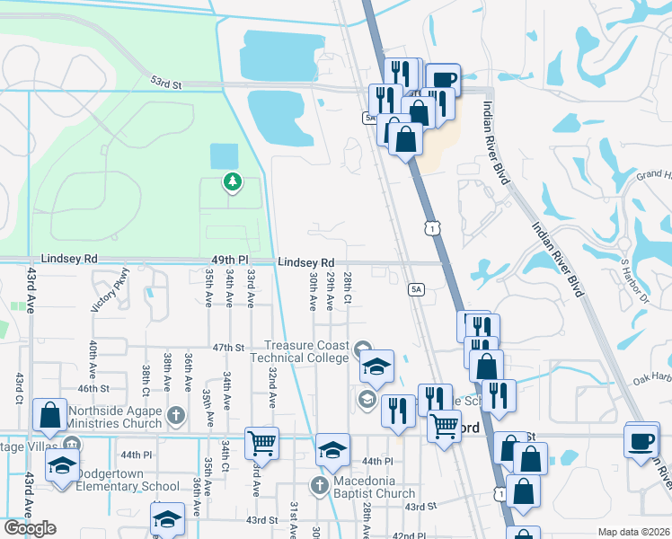 map of restaurants, bars, coffee shops, grocery stores, and more near 2910 49th Street in Vero Beach