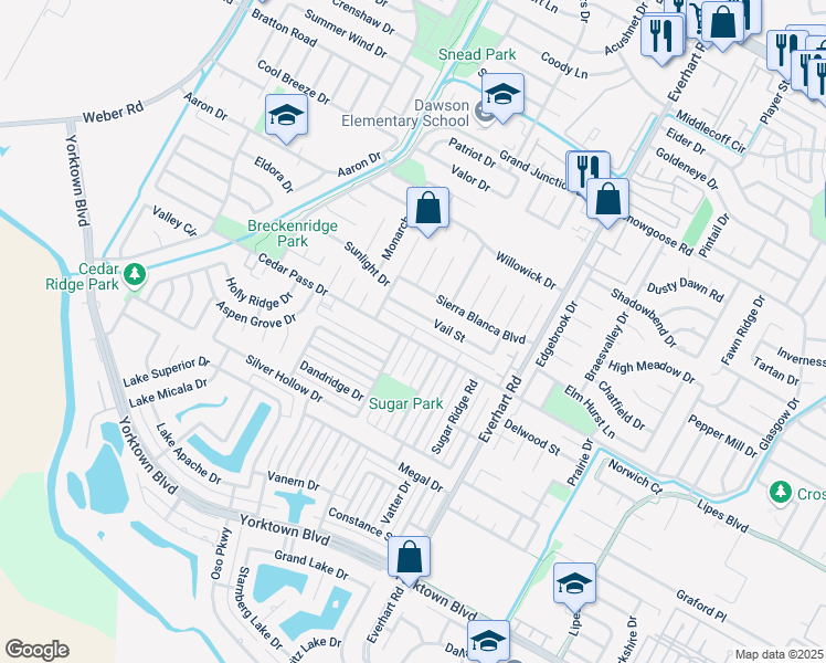 map of restaurants, bars, coffee shops, grocery stores, and more near 4625 Vail Street in Corpus Christi