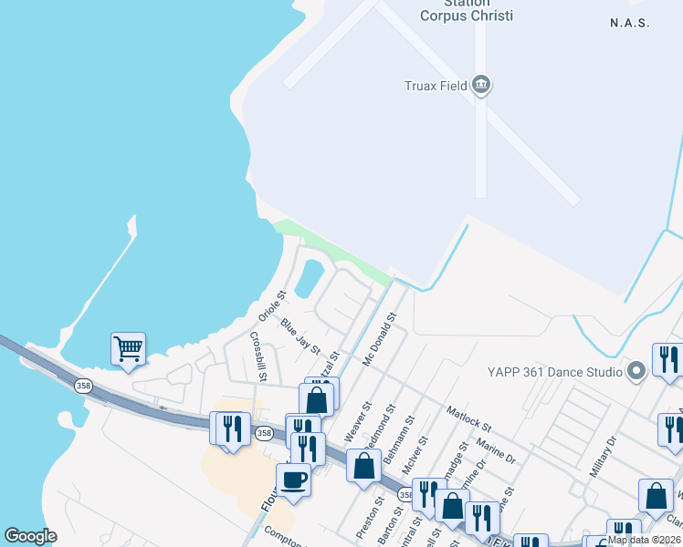 map of restaurants, bars, coffee shops, grocery stores, and more near 9558 Lovebird Street in Corpus Christi