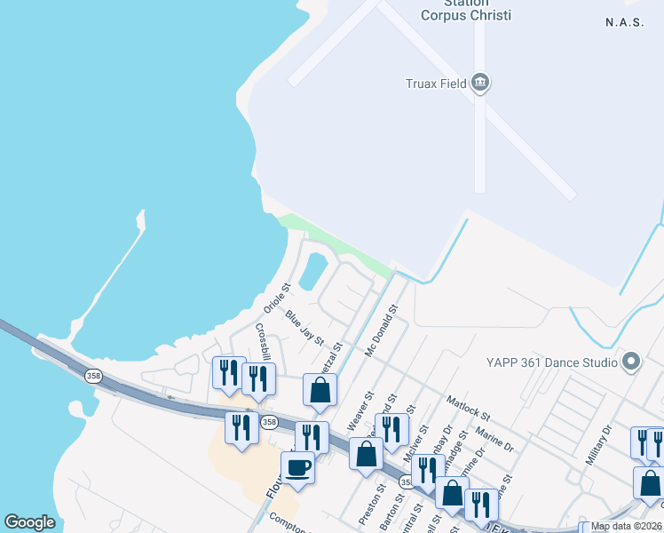 map of restaurants, bars, coffee shops, grocery stores, and more near 9529 Lovebird Street in Corpus Christi