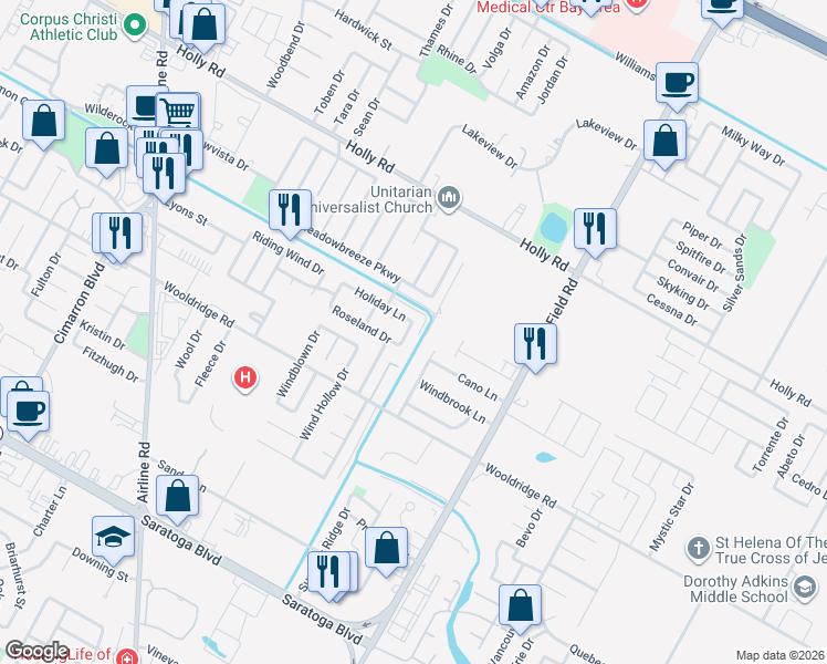 map of restaurants, bars, coffee shops, grocery stores, and more near 2302 Holiday Lane in Corpus Christi