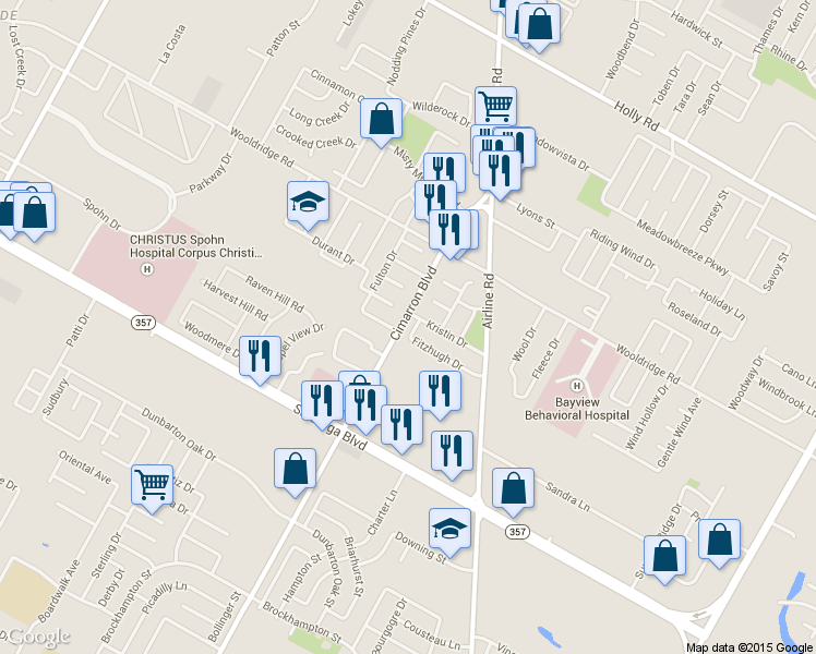 map of restaurants, bars, coffee shops, grocery stores, and more near 6306 Kristin Drive in Corpus Christi