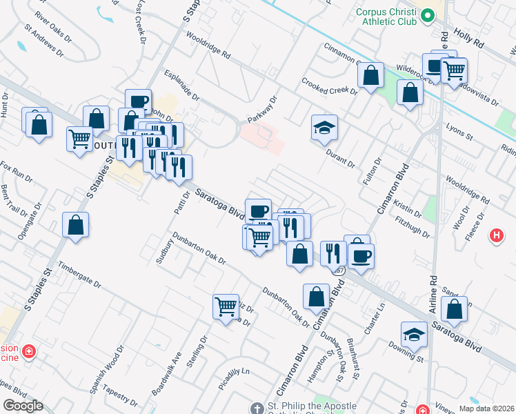 map of restaurants, bars, coffee shops, grocery stores, and more near 5901 Vandemere Drive in Corpus Christi