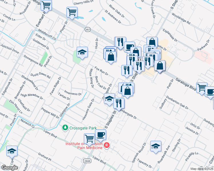map of restaurants, bars, coffee shops, grocery stores, and more near 6646 Mountain Wood Drive in Corpus Christi