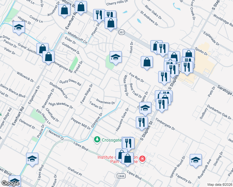 map of restaurants, bars, coffee shops, grocery stores, and more near 5310 Stonemill Circle in Corpus Christi