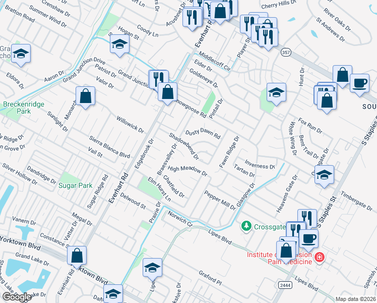 map of restaurants, bars, coffee shops, grocery stores, and more near 4909 Shadowbend Drive in Corpus Christi