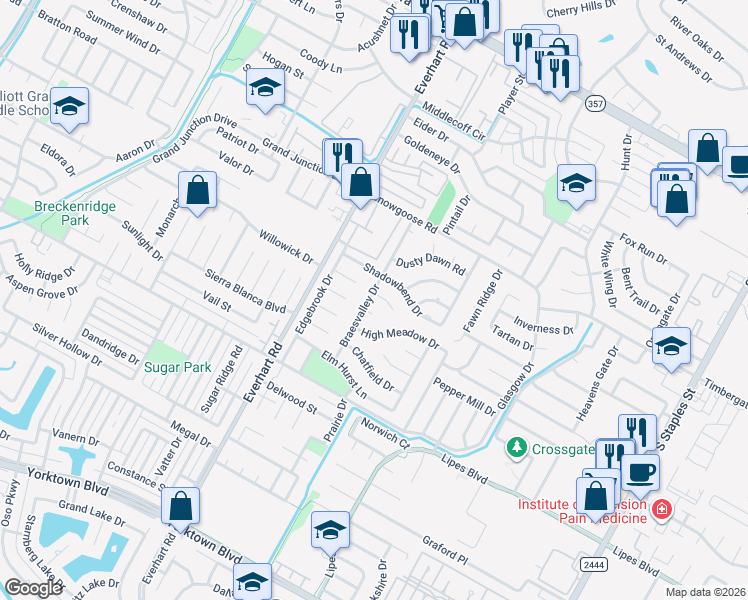 map of restaurants, bars, coffee shops, grocery stores, and more near 4909 Shadowbend Drive in Corpus Christi