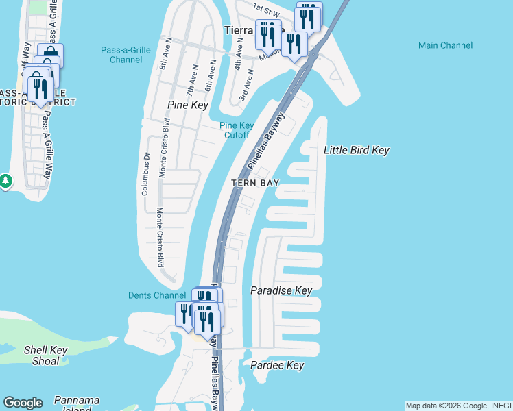 map of restaurants, bars, coffee shops, grocery stores, and more near 637 Pinellas Bayway South in Tierra Verde