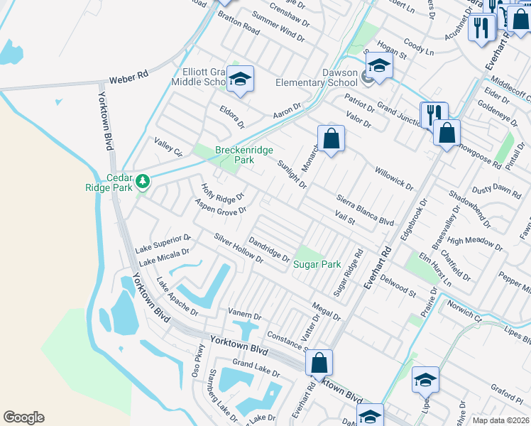 map of restaurants, bars, coffee shops, grocery stores, and more near 4506 Moonlake Ridge Drive in Corpus Christi