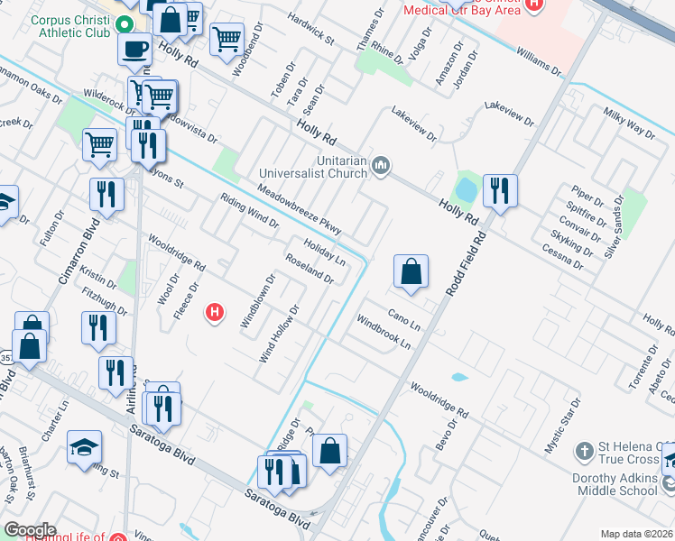 map of restaurants, bars, coffee shops, grocery stores, and more near 6921 Holiday Lane in Corpus Christi